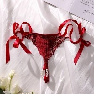 NEW‼️ Classic Sexy Floral Lace Bow Decor Crotchless Panty Lingerie red